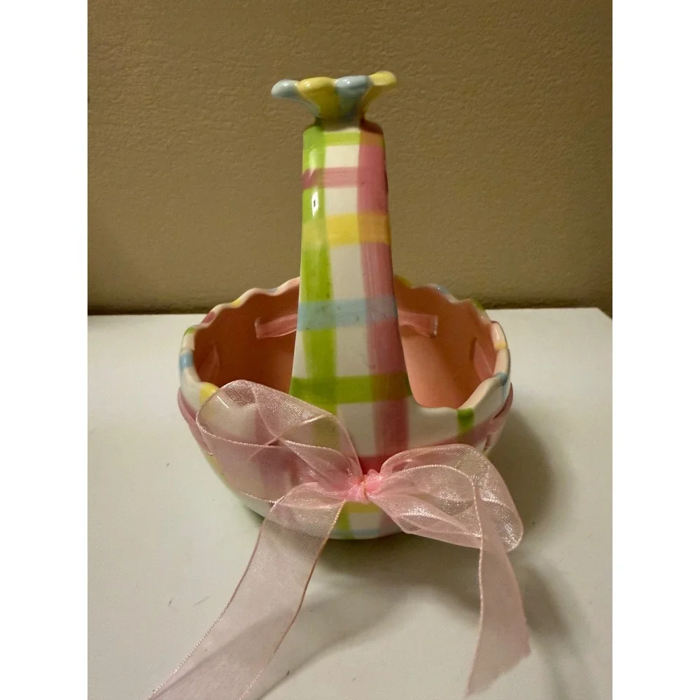 INT. Ceramic Easter Basket Pastel Plaid Pink Ribbon Flower Handle Spring Decor